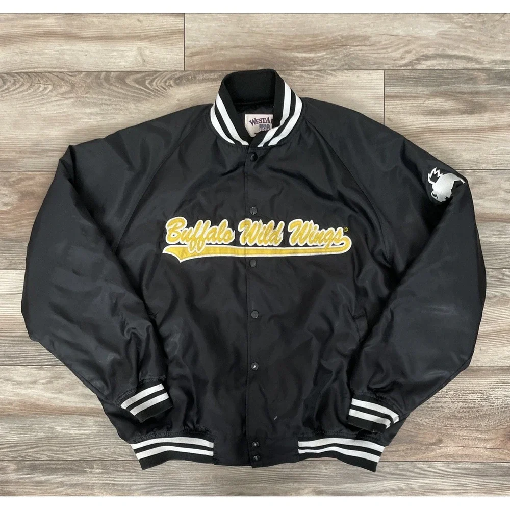 Vintage Buffalo Wild Wings Bomber Jacket Mens XL Westark Black Nylon Snap Front